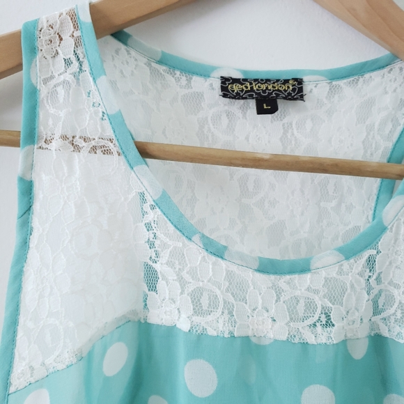 Turquoise Polka Dot Lace Flowy Blouse Tank Boho - Picture 2 of 5